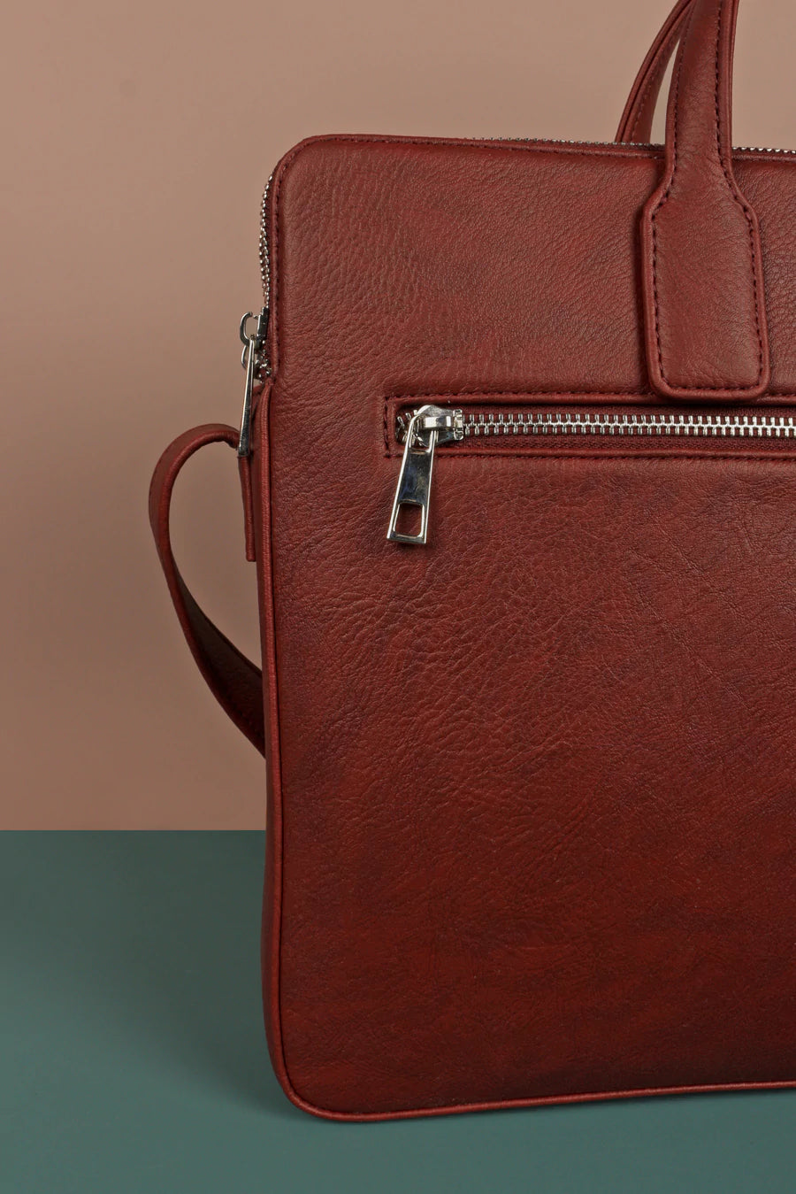 Dual Zip Vegan Leather Men Office Bag BloodRed Close