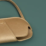 Vegan sunglass cover/case with sling wood brass Close