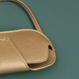 Vegan sunglass cover/case with sling wood brass Close