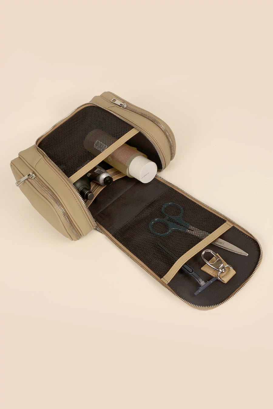 Hanging Toiletry Bag Vegan Leather Beige Open