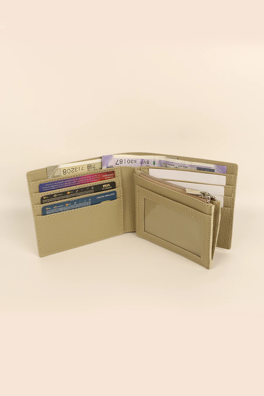 Leonardo Men Vegan Leather Bifold Wallet Gauge Open