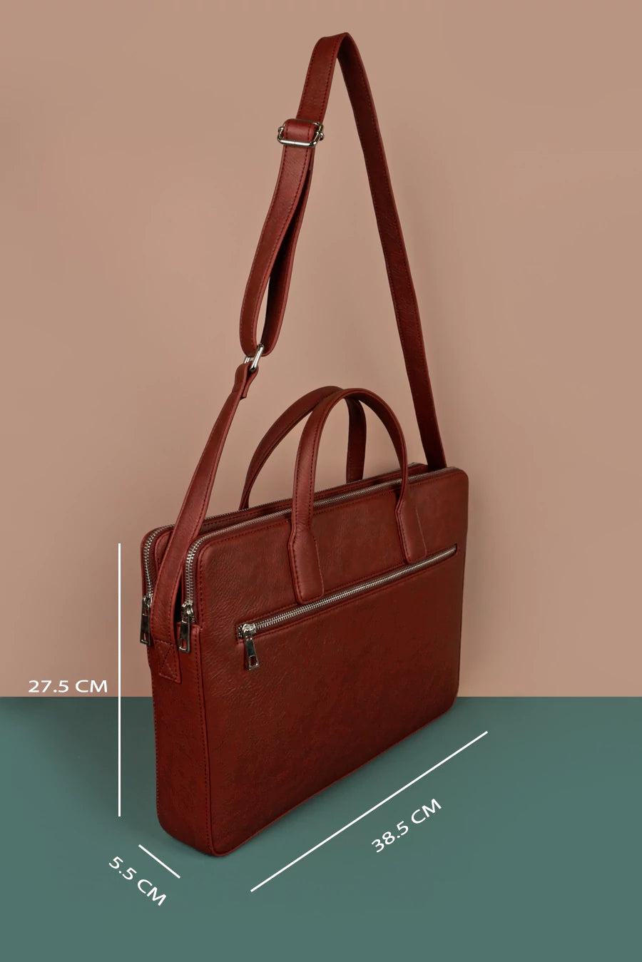 Dual Zip Vegan Leather Men Office Bag Blood Red Measurement
