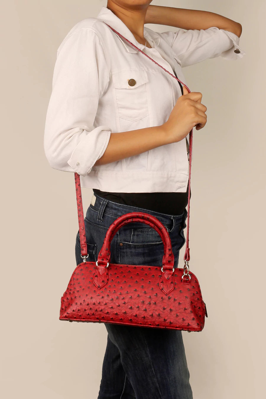 Everly Vegan Leather Women Handbag Ostrich Red Model 3