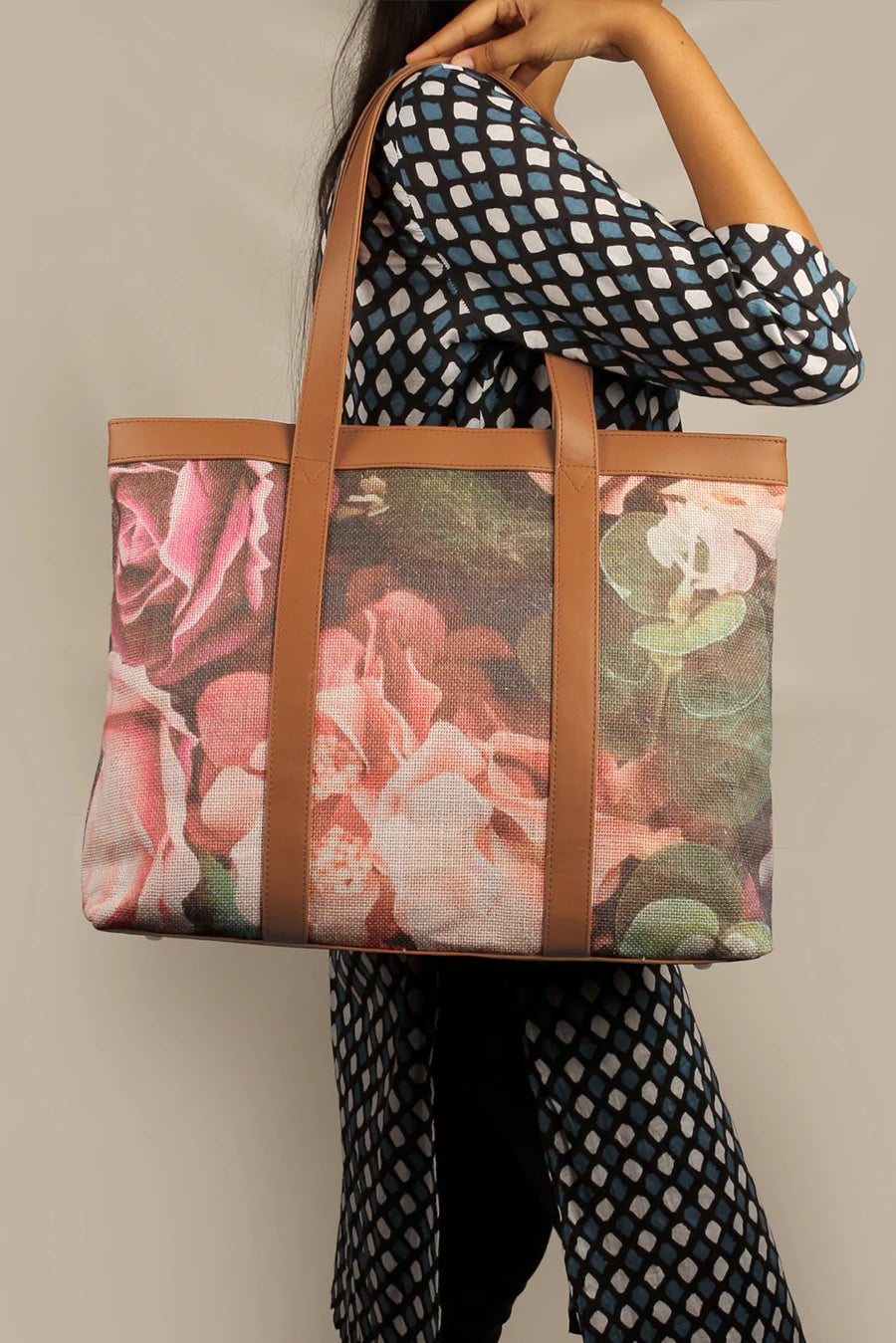 Women Office Soft Jute Tote Bag Rosey Model 2