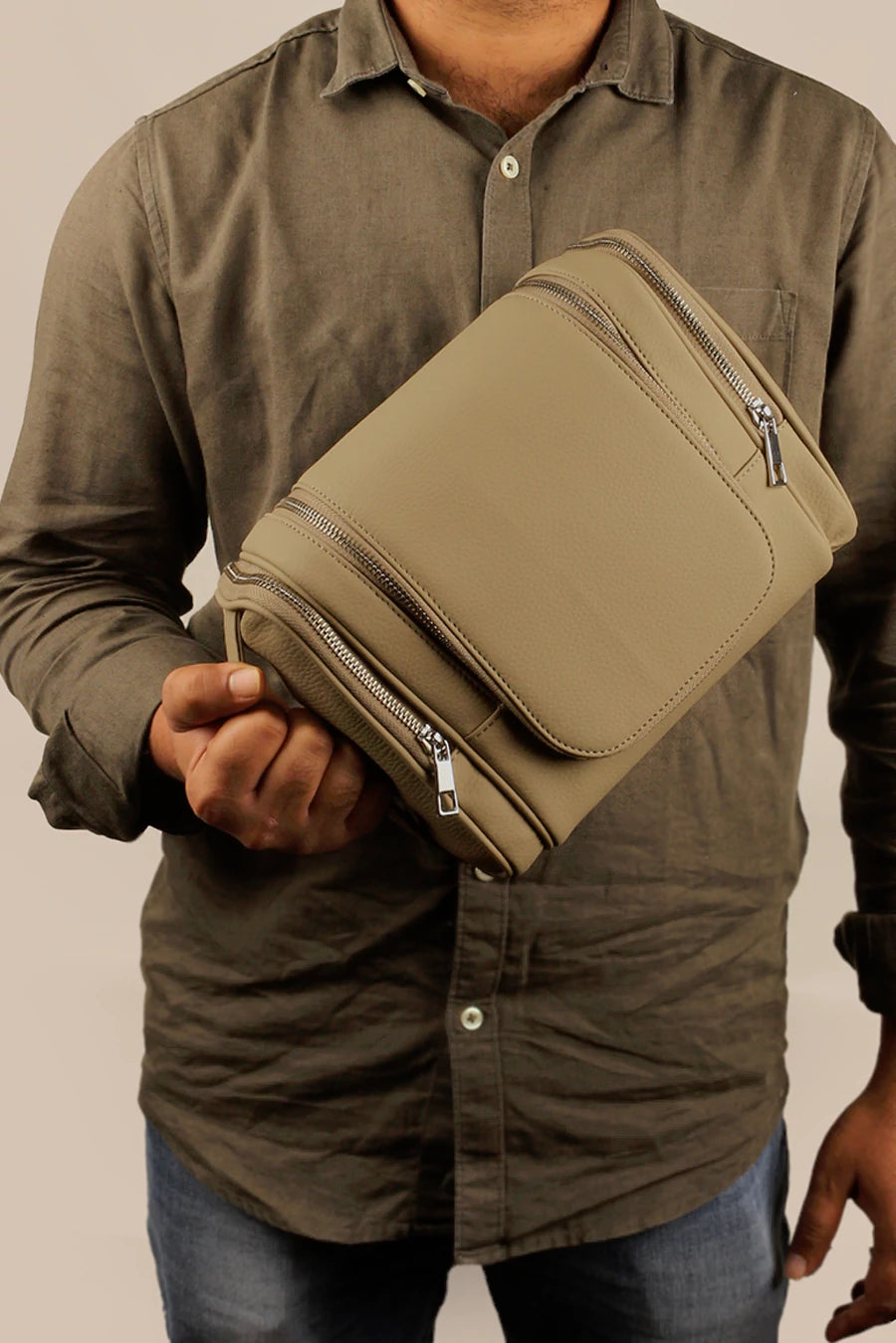 Hanging Toiletry Bag Vegan Leather Beige Model 2
