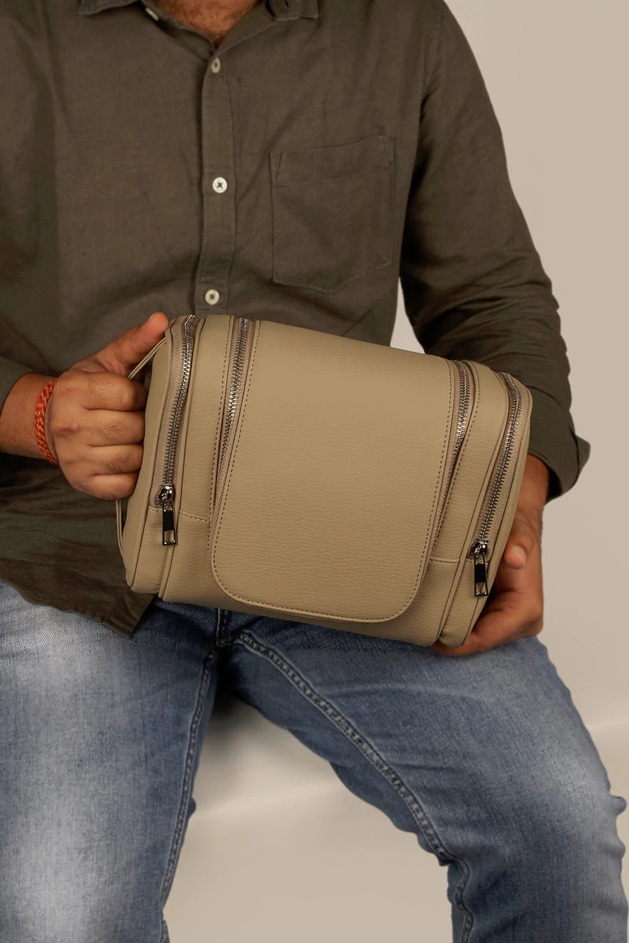 Hanging Toiletry Bag Vegan Leather Beige Model 1