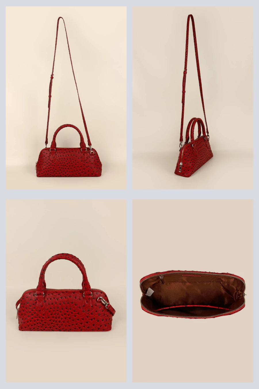 Everly Vegan Leather Women Handbag Ostrich Red Details