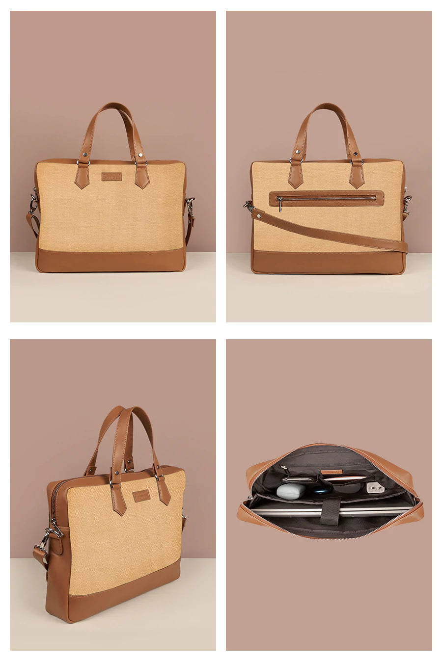 Soft Jute Ross Men Office Laptop Bag Biscuit Detail