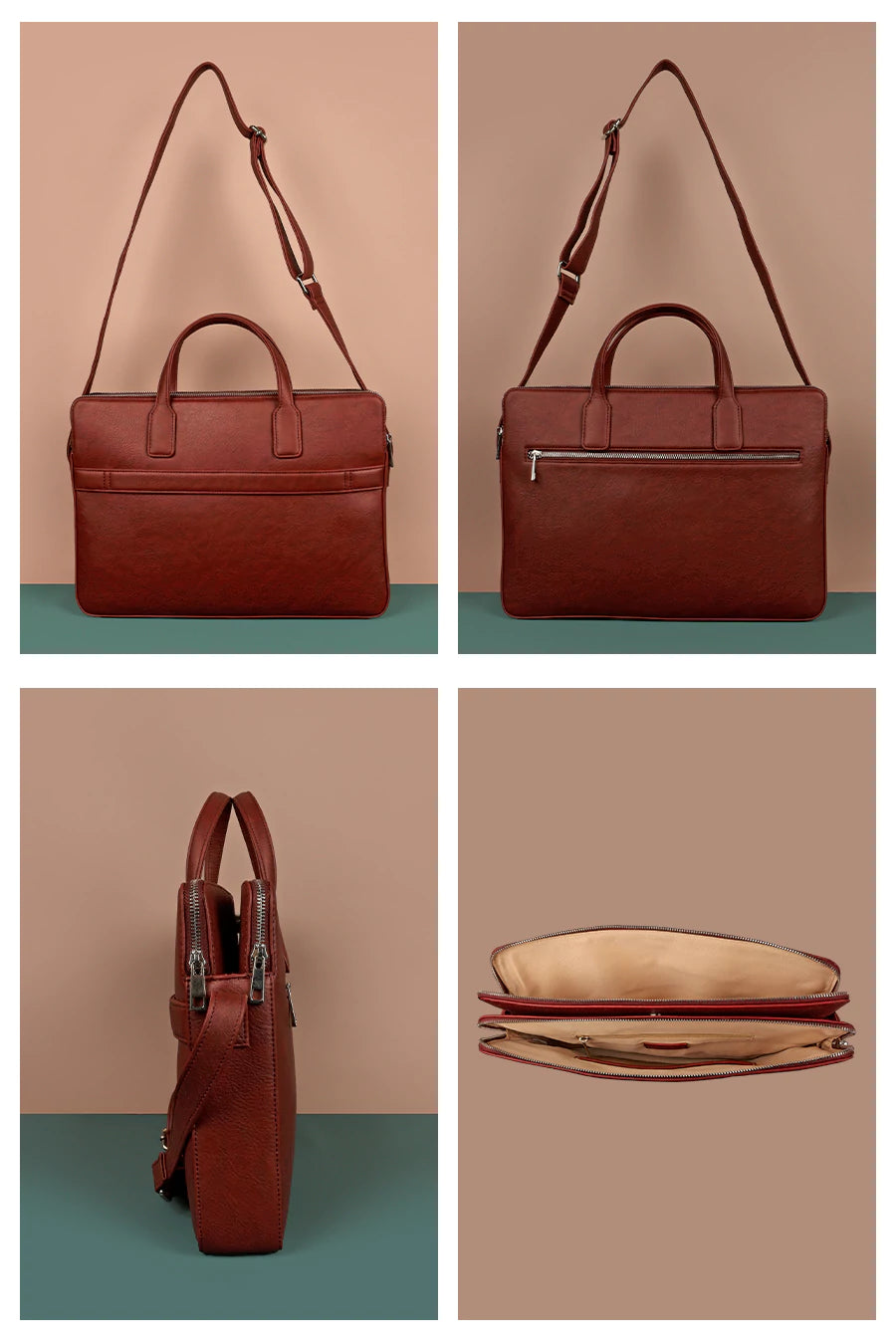 Dual Zip Vegan Leather Men Office Bag BloodRed Detail