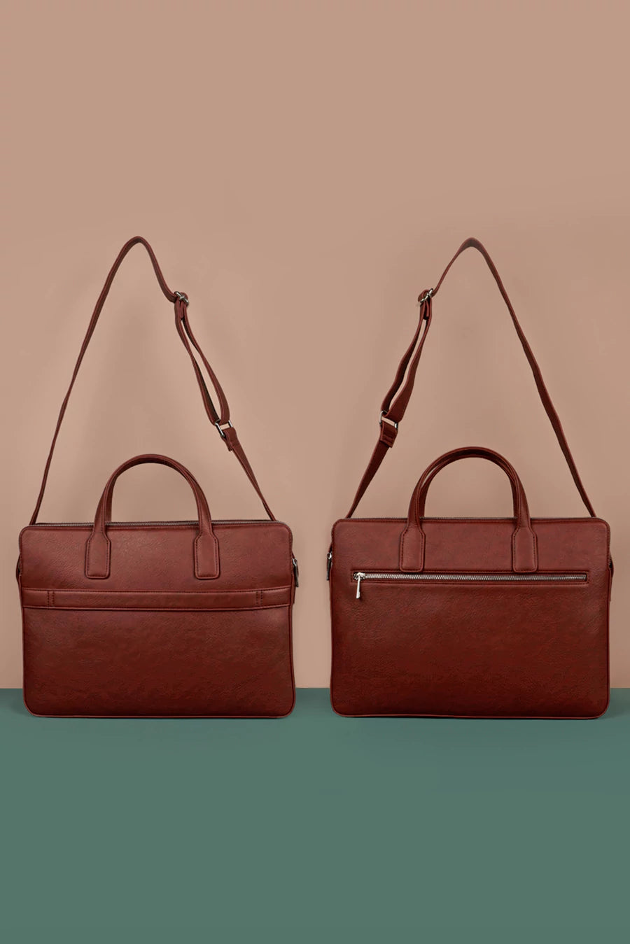 Dual Zip Vegan Leather Men Office Bag Blood Red Back