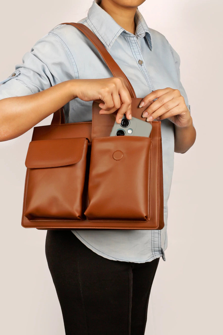 Carry all office essentials in cruelty free Barbara women office tote bag firepit model 3