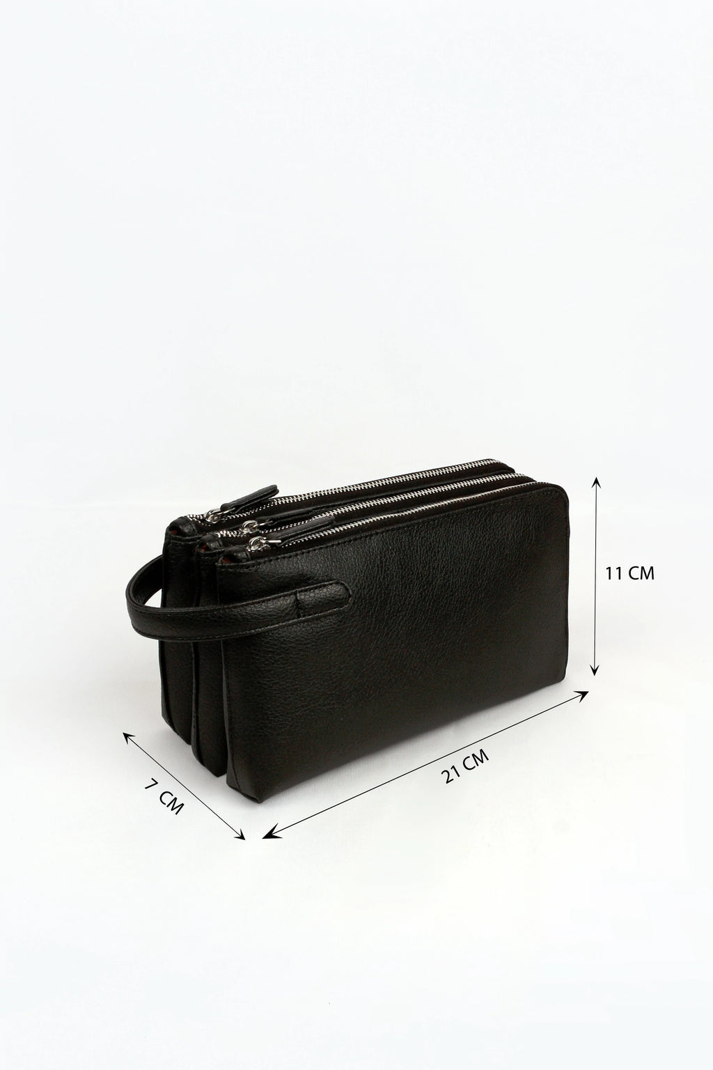 Black wallet with dimensions labeled on a white background