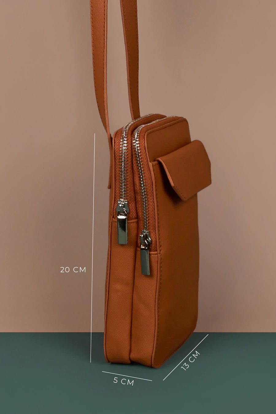 Vegan Leather Vertical Mobile Bag Tawny Measurement 