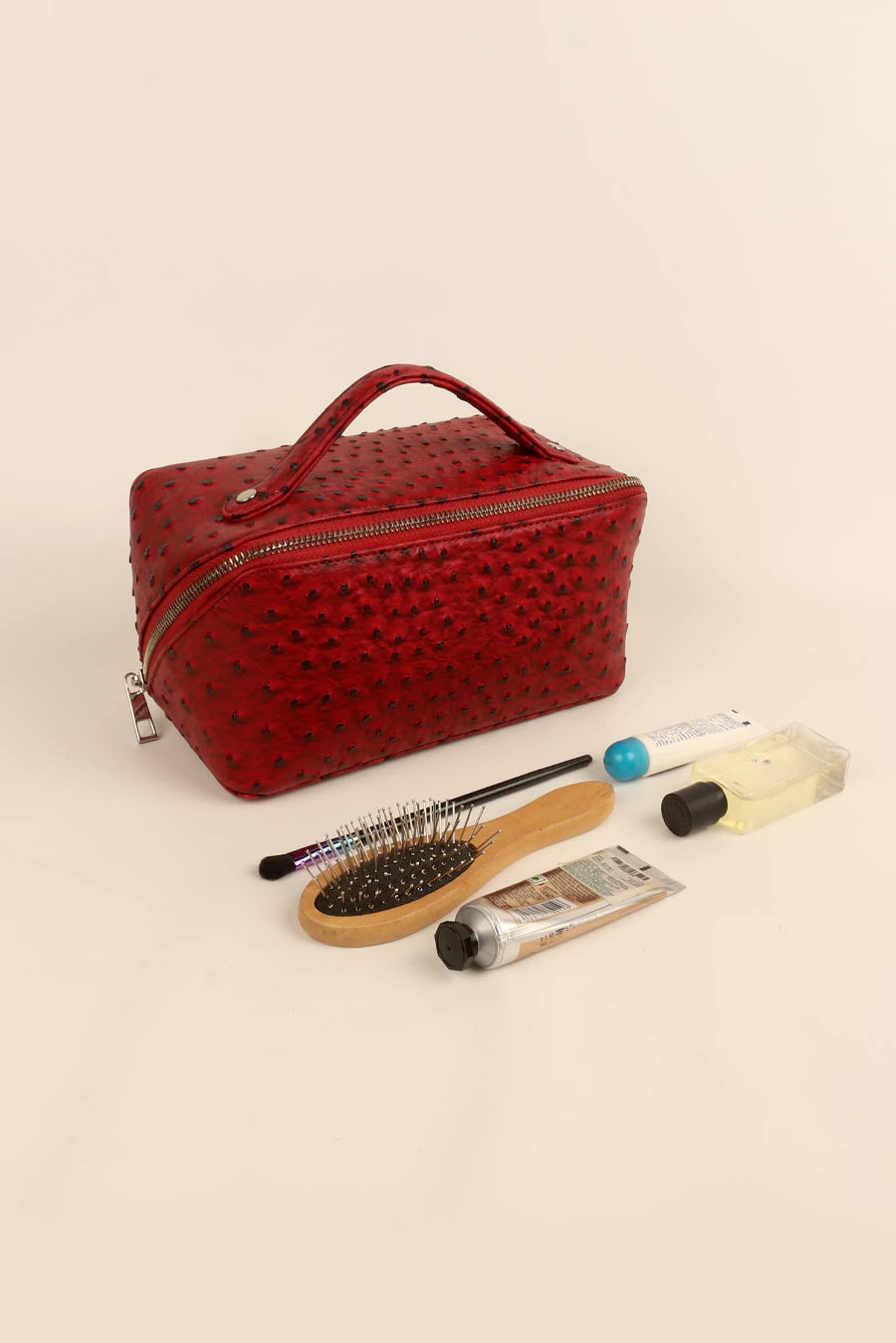 Emi Vegan Leather Toiletry Pouch Ostrich Red Lifestyle 