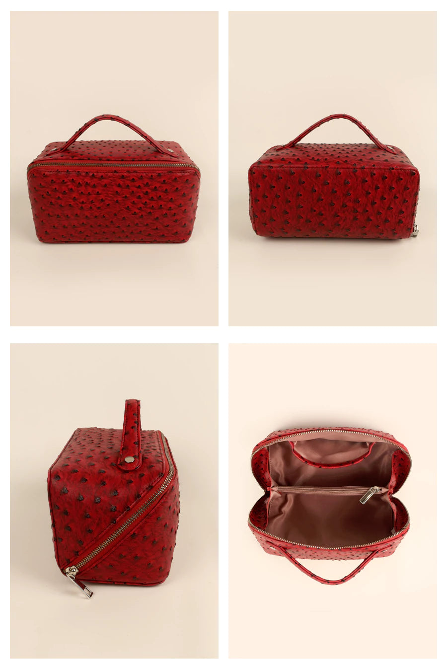 Emi Vegan Leather Toiletry Pouch Ostrich Red Details 