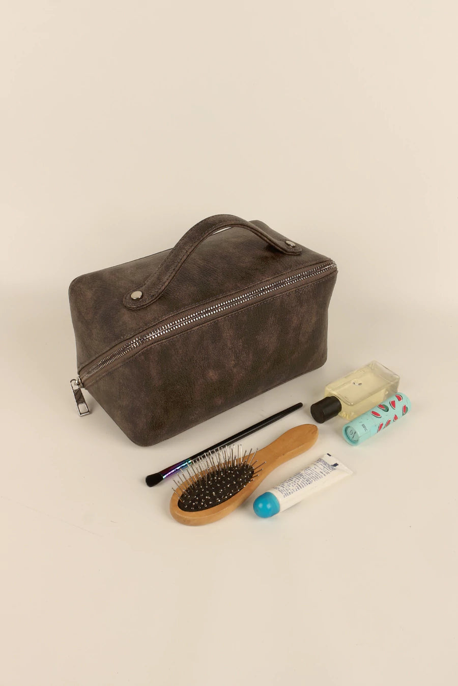 Emi Vegan Leather Travel Toiletry Pouch Espresso Lifestyle 