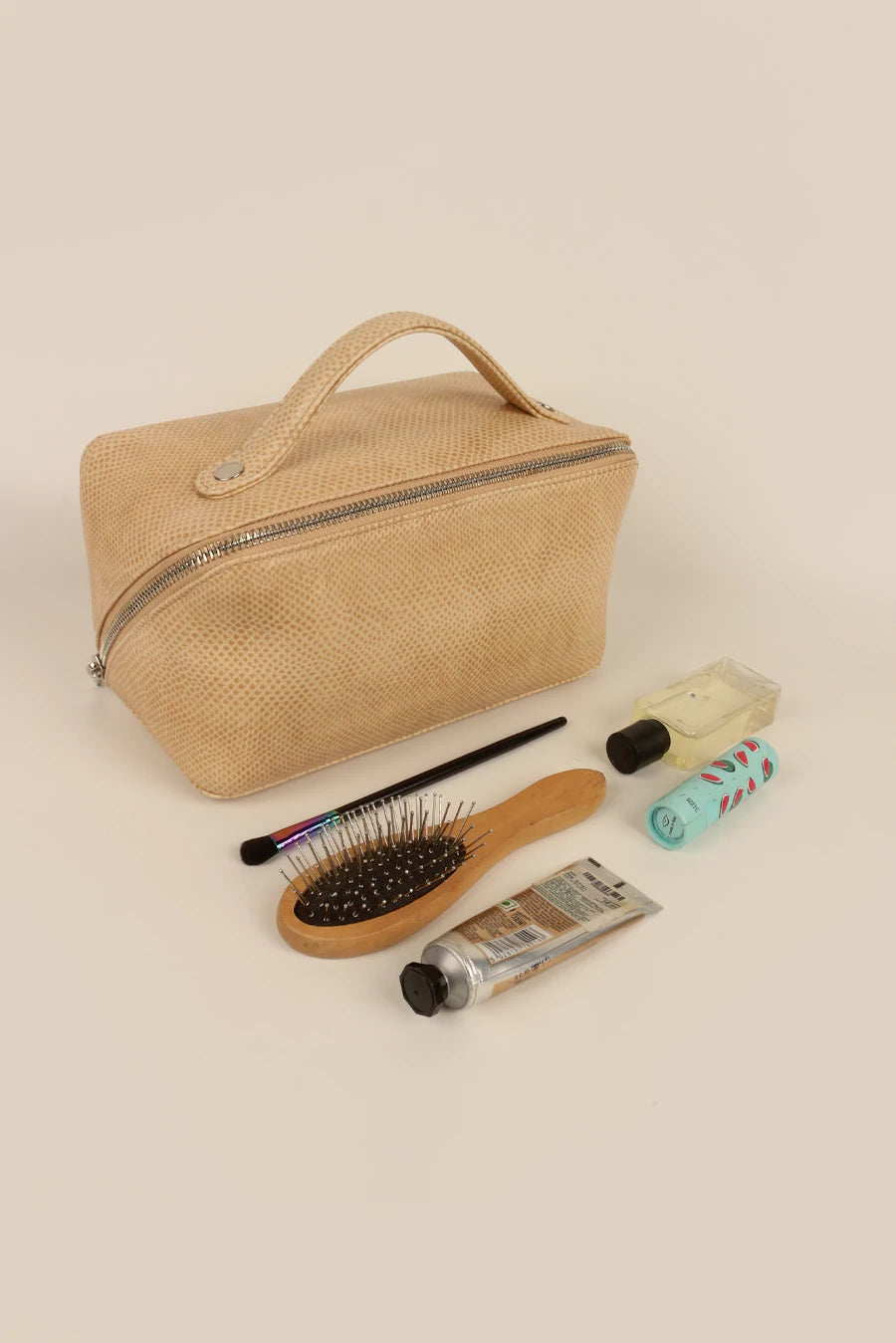 Emi Vegan Leather Travel Toiletry Pouch Porcelain Lifestyle 