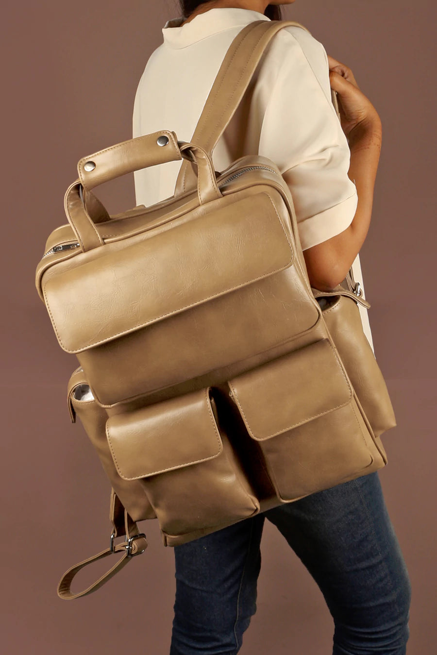 Vegan Leather Women Multipurpose Backpack Buttermilk M1