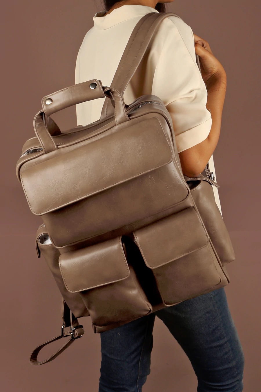 Vegan Leather Women Multipurpose Backpack Teak M1