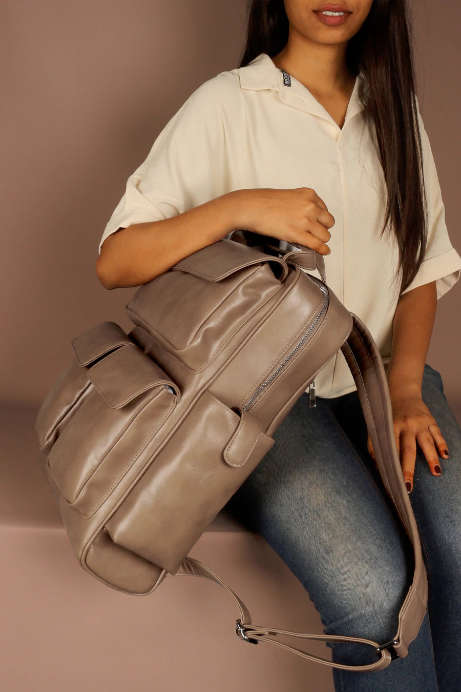 Vegan Leather Women Multipurpose Backpack Teak M2
