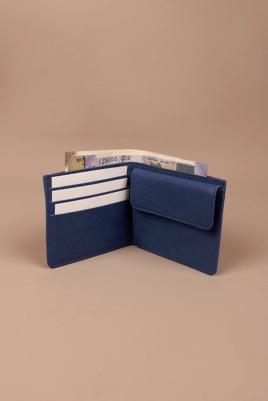 Vegan Leather Men Bifold Coin Wallet Oxford Blue Open