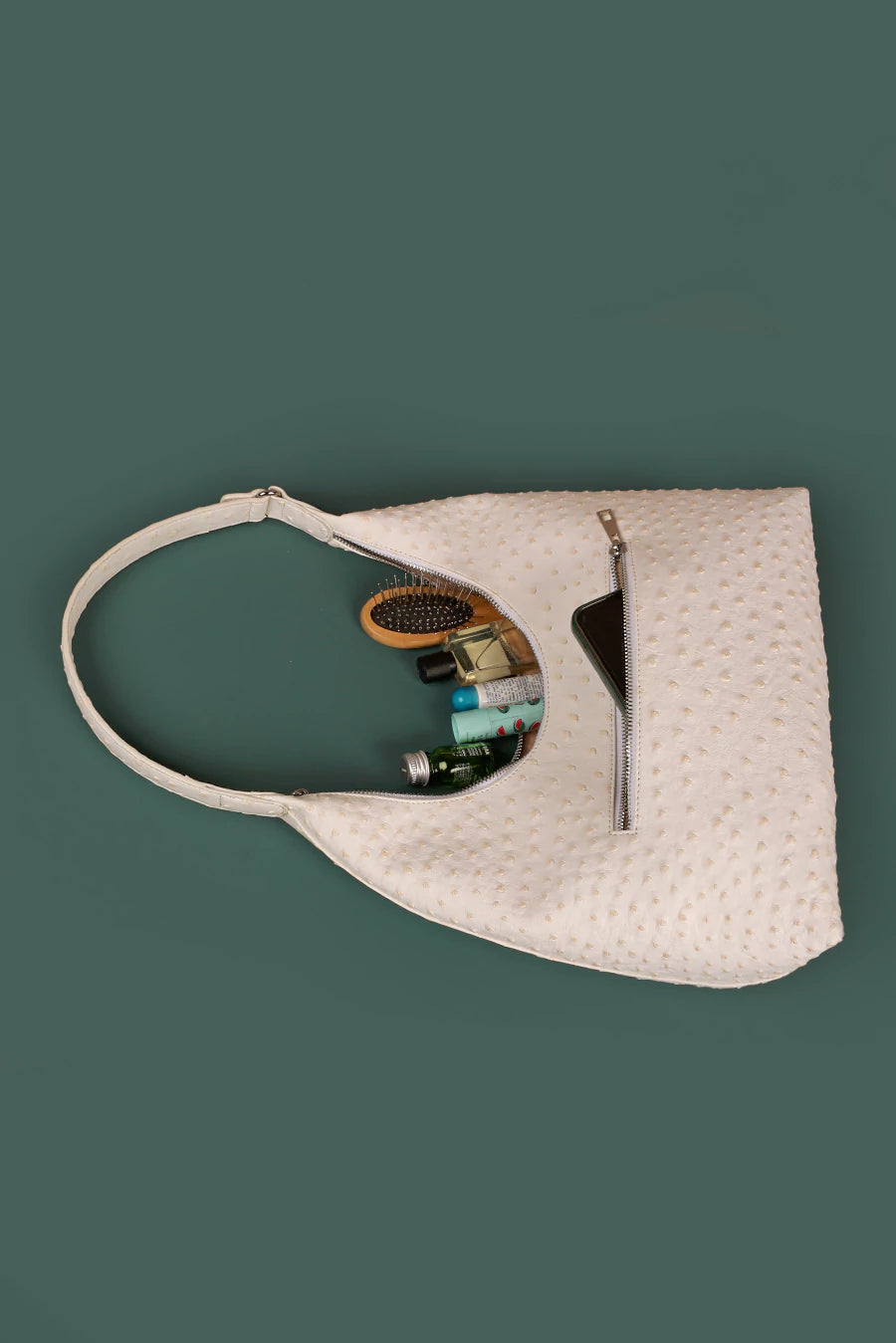 Katie Medium Vegan Leather Shoulder Bag Ostrich White Lifestyle