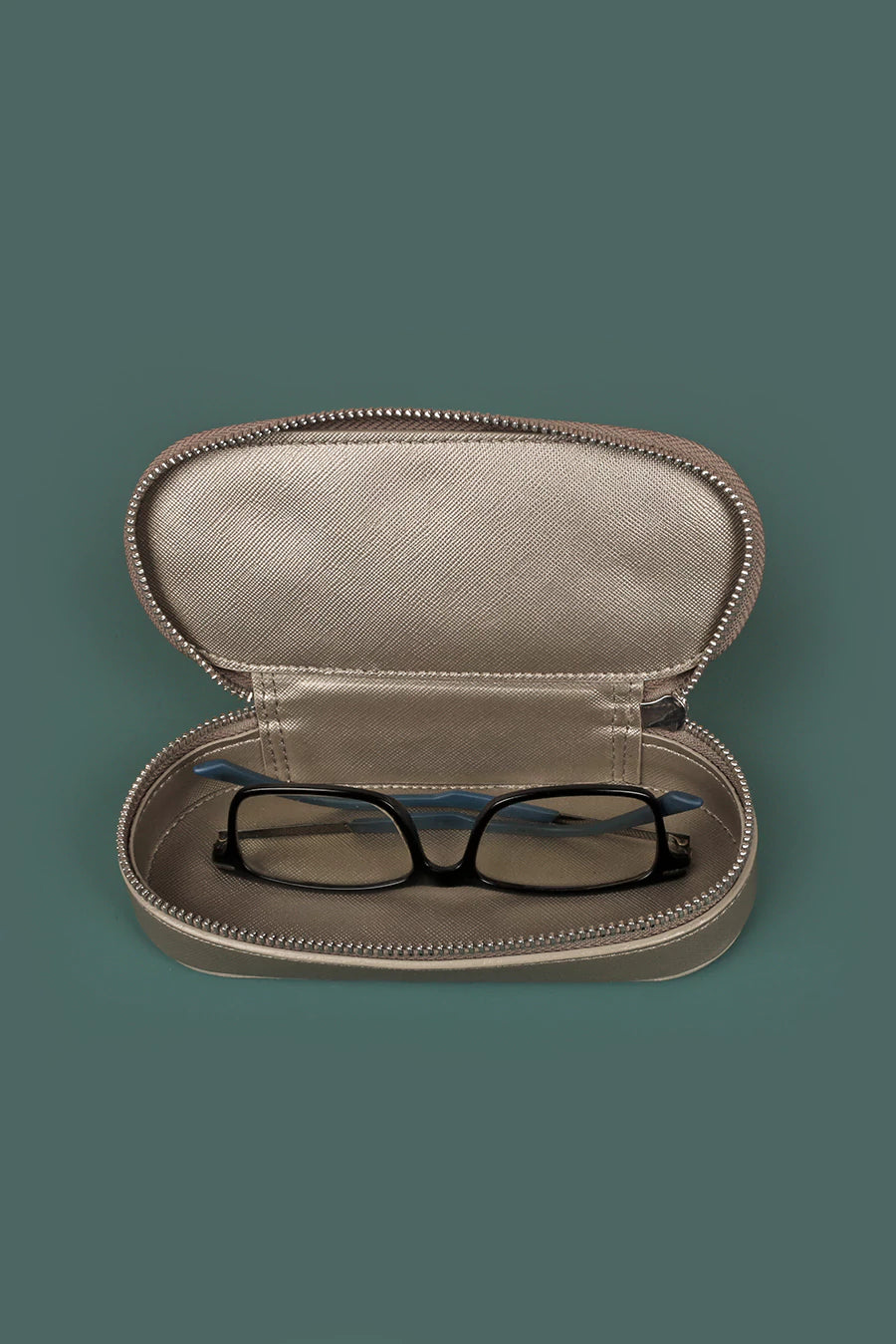 Vegan Leather eyewear case or sunglass cover shinny silver Open