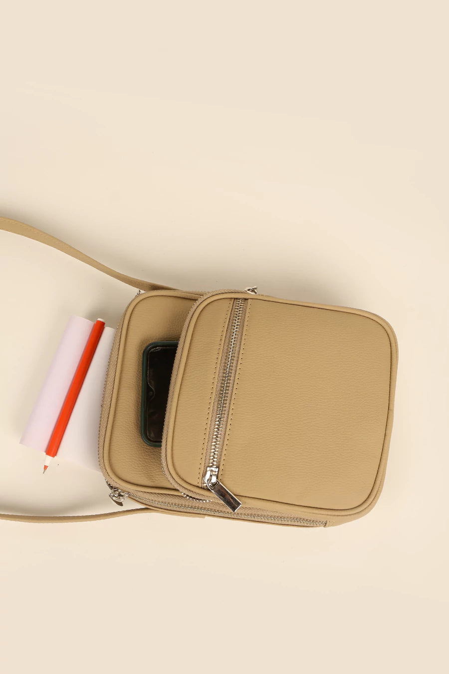 Men Vegan Leather Letter Patch Crossbody Bag Beige Lifestyle