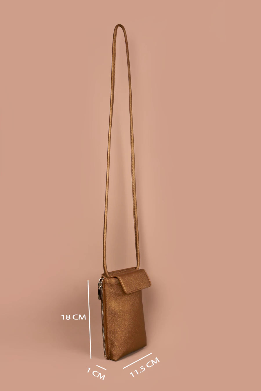 Grace Vegan Leather Mobile Sling Bag Metallic Dark Gold Measurement