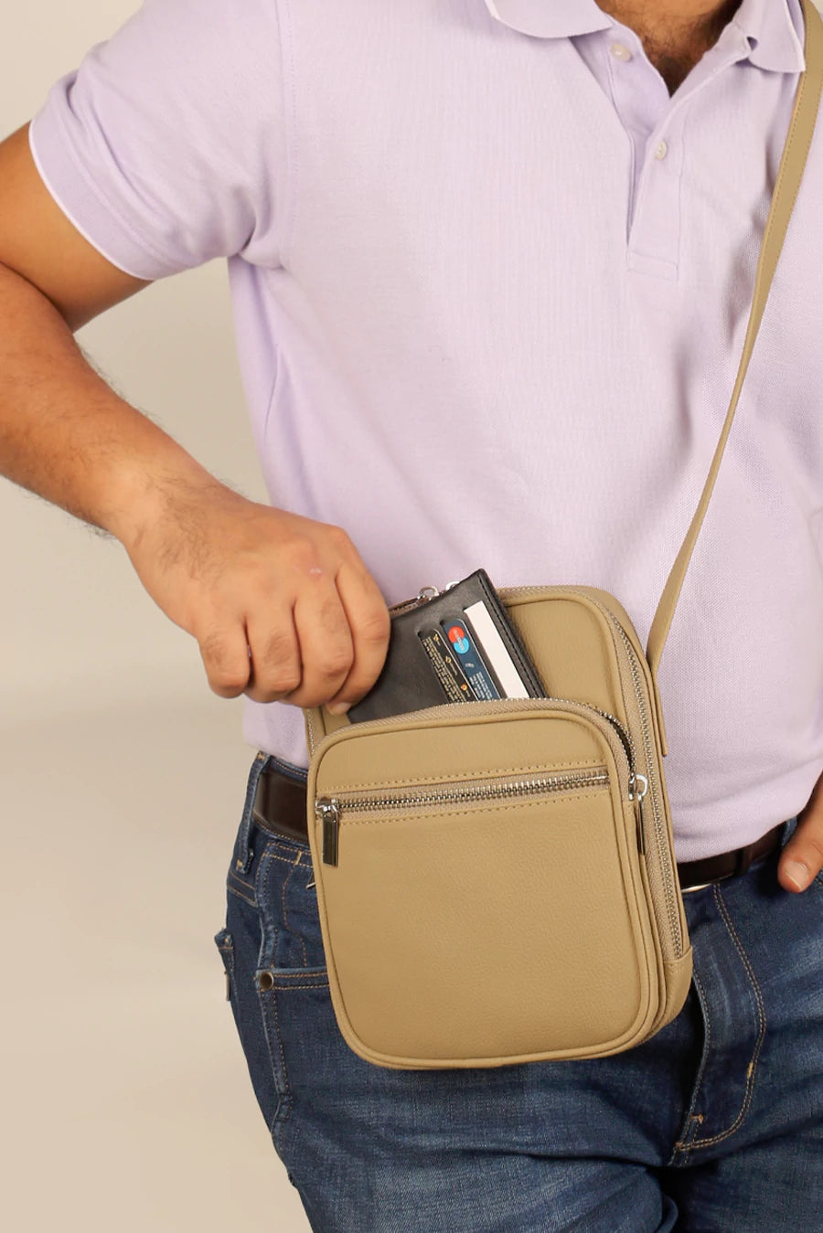 Men Vegan Leather Letter Patch Crossbody Bag Beige Model 1
