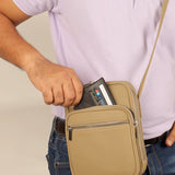 Men Vegan Leather Letter Patch Crossbody Bag Beige Model 1