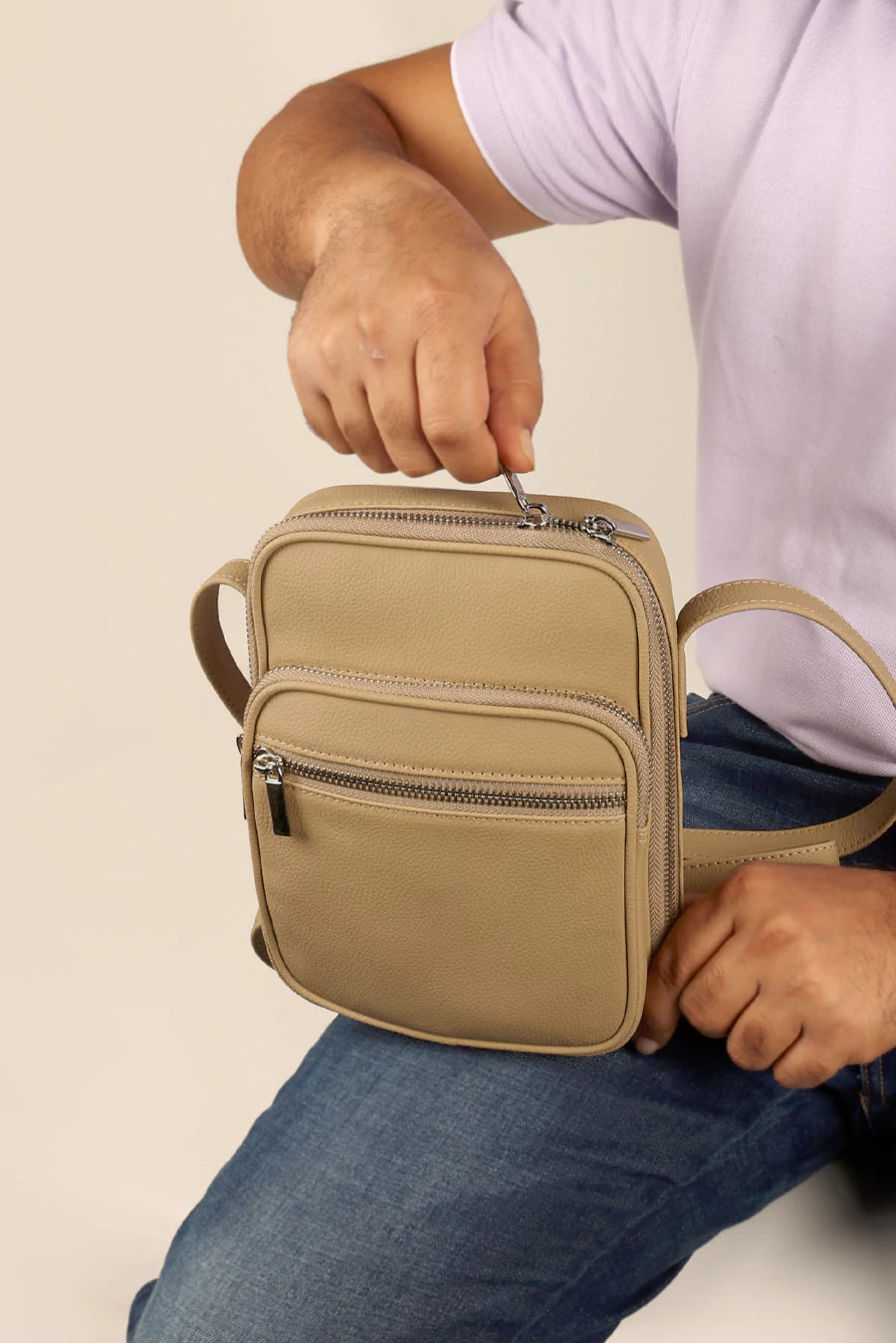 Men Vegan Leather Letter Patch Crossbody Bag Beige Model 2