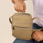 Men Vegan Leather Letter Patch Crossbody Bag Beige Model 2