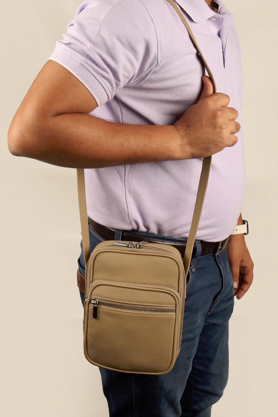 Men Vegan Leather Letter Patch Crossbody Bag Beige Model 3