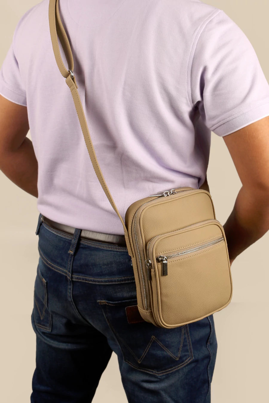 Men Vegan Leather Letter Patch Crossbody Bag Beige Model 4