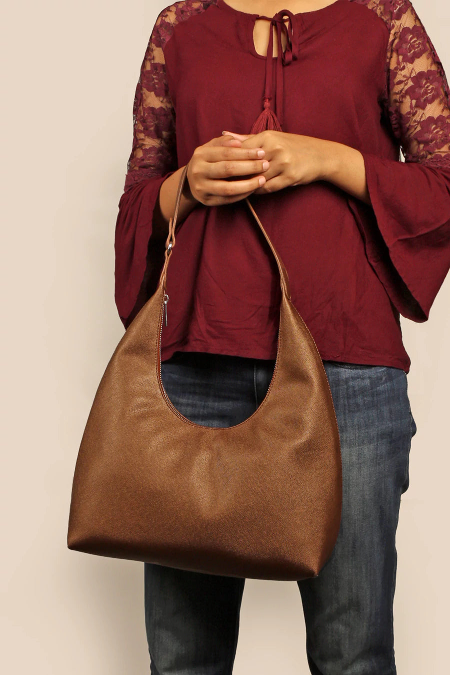 Katie Medium Vegan Leather Shoulder Bag Metallic Dark Gold Model 2