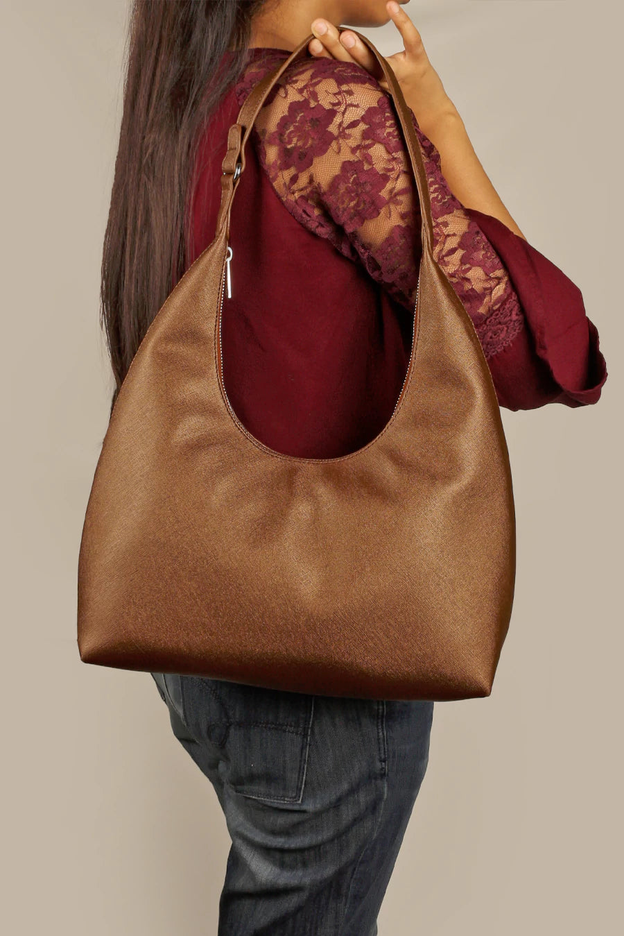 Katie Medium Vegan Leather Shoulder Bag Metallic Dark Gold Model 1