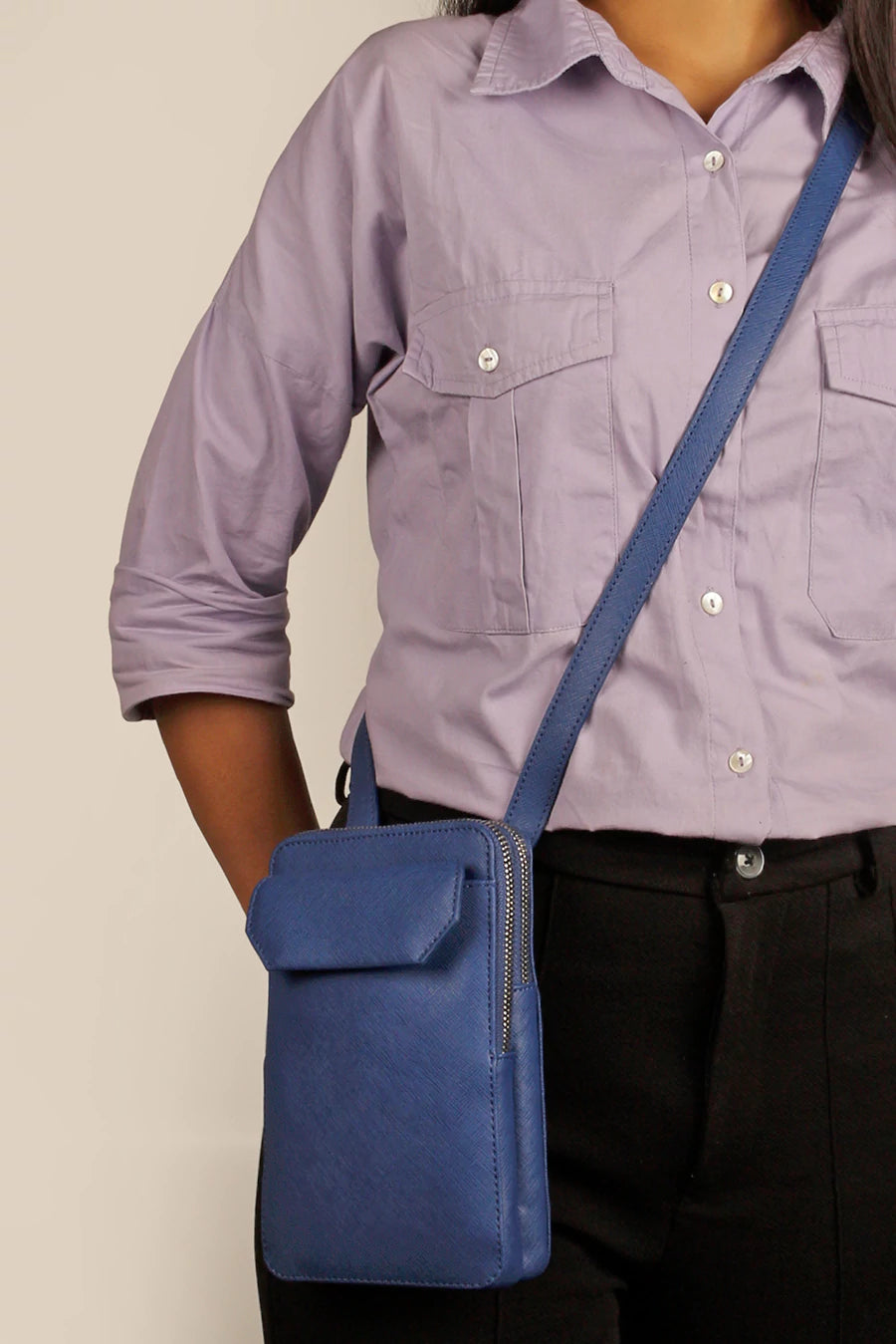 Vegan Leather Vertical Mobile Pouch Oxford Blue Model 1