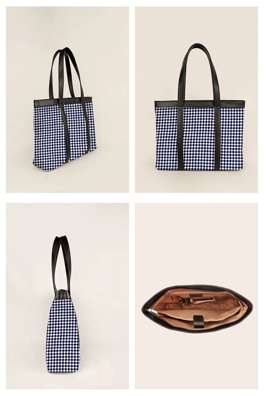 Women Office Tote Bag Handloom Checkered Details