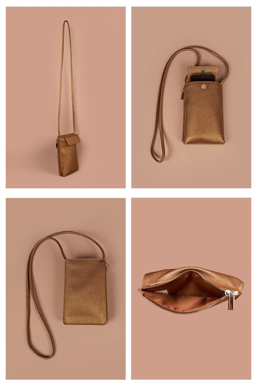 Grace Vegan Leather Mobile Sling Bag Mettalic Dark Gold Detail