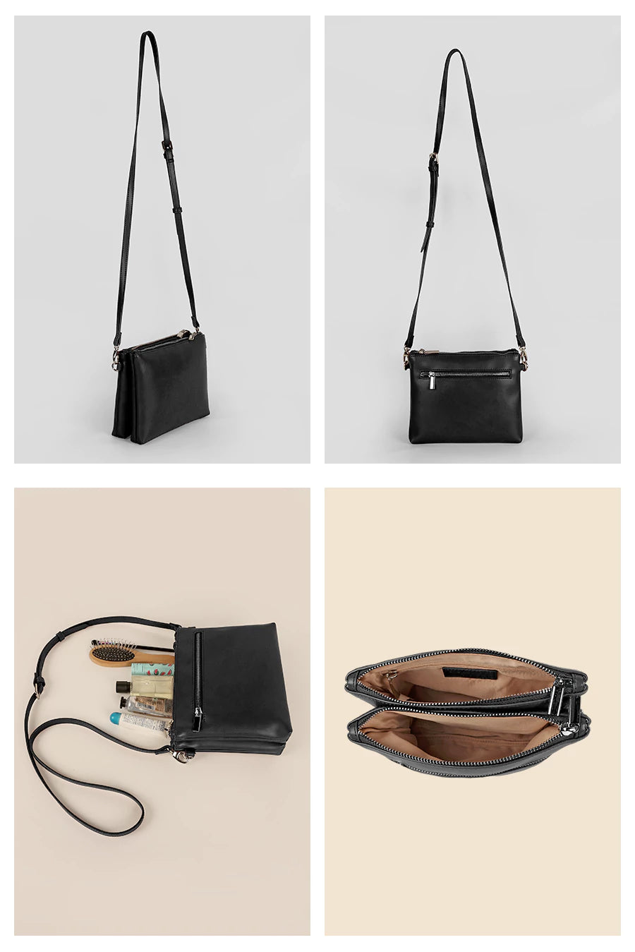 Dual Sling Vegan Leather Women Crossbody Bag Vanta Black Details