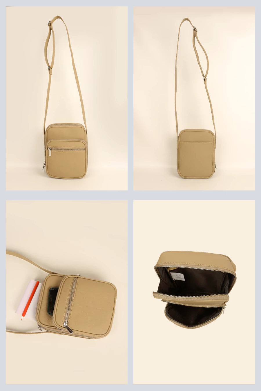 Men Vegan Leather Letter Patch Crossbody Bag Beige Detail