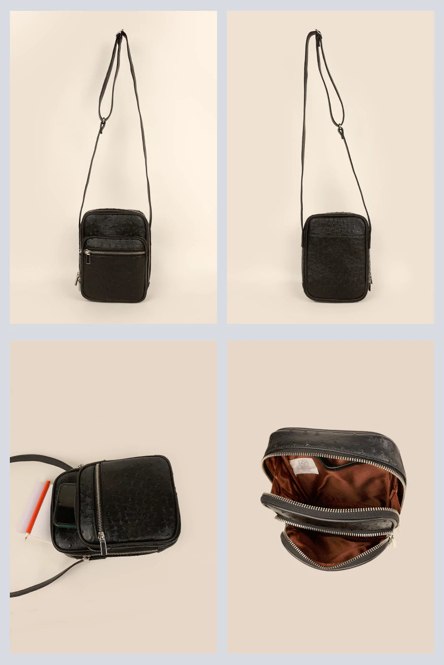 Men Vegan Leather Letter Patch Crossbody Bag Ost Black Details