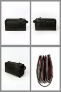 Black leather handbag shown from multiple angles on a white background