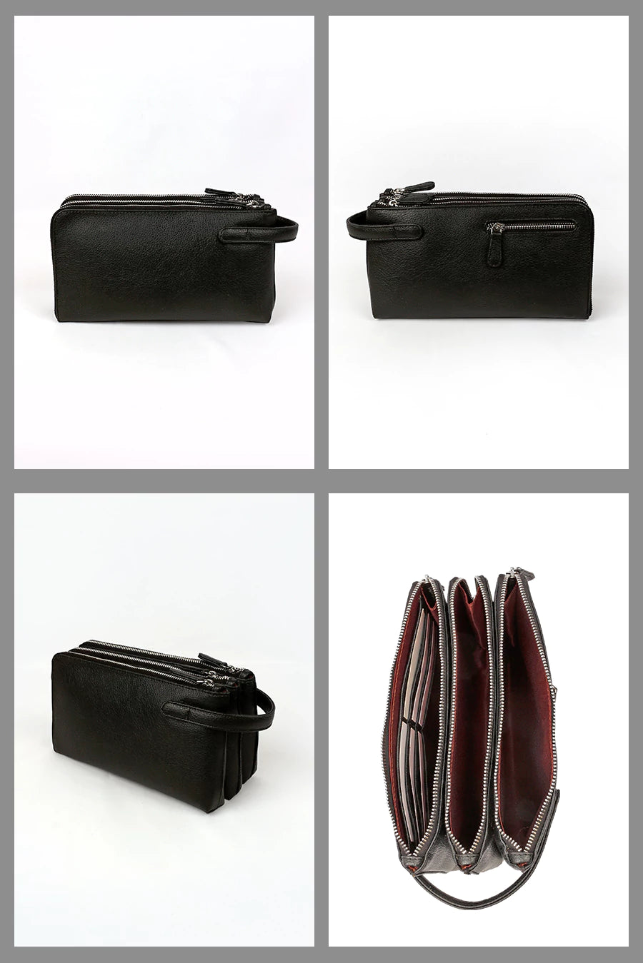 Black leather handbag shown from multiple angles on a white background