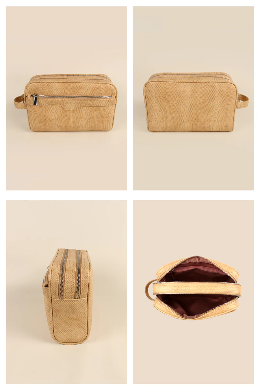 Travel Toiletry Pouch Vegan Leather Porcelain Details