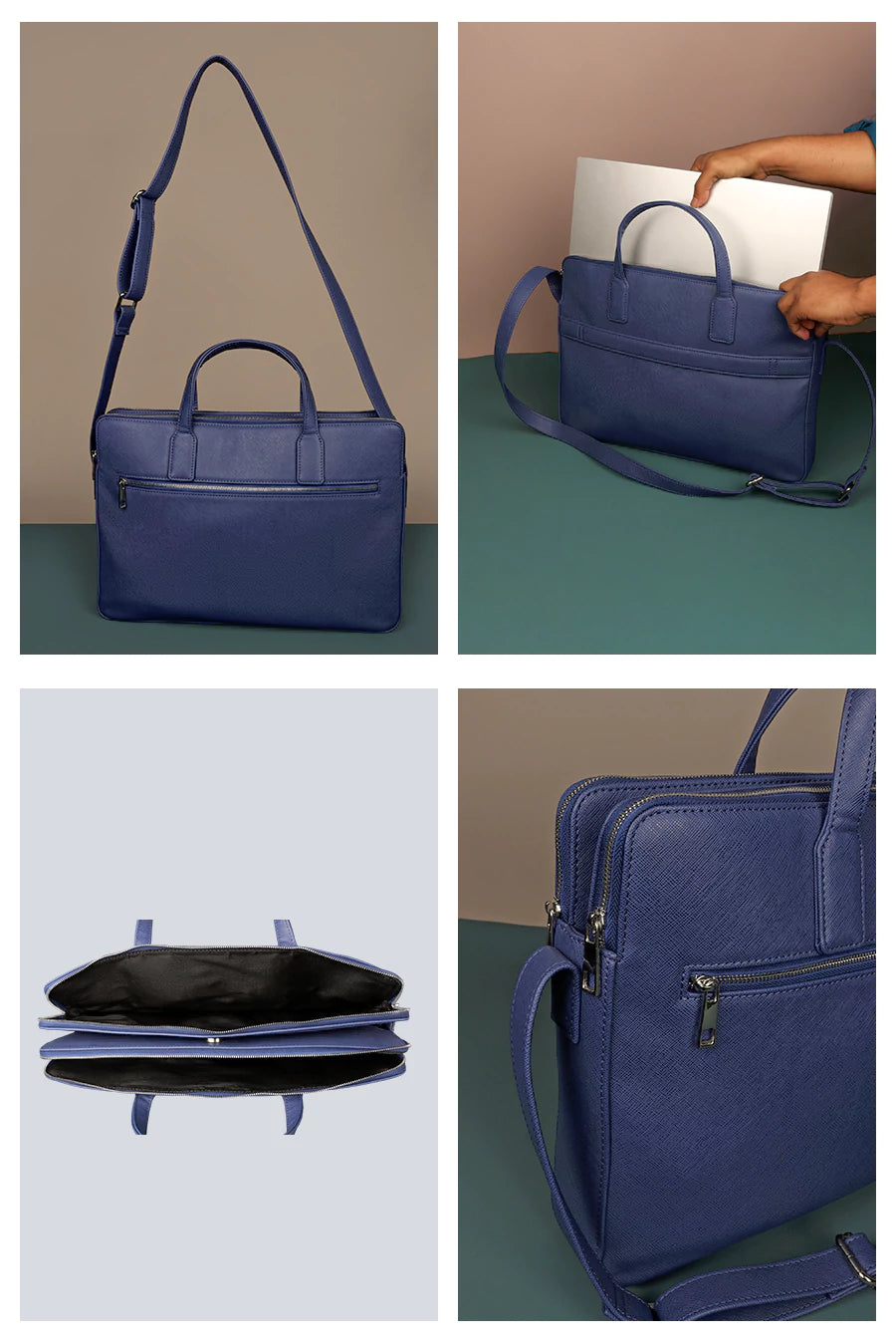 Dual Zip Vegan Men Office Bag Oxford Blue Detail