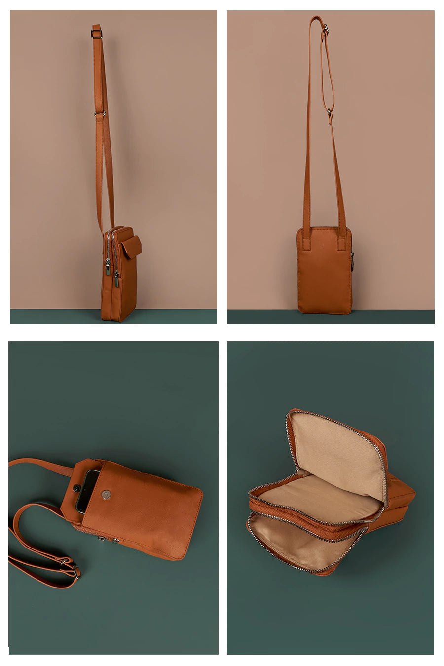 Vegan Leather Vertical Mobile Bag Tawny Details