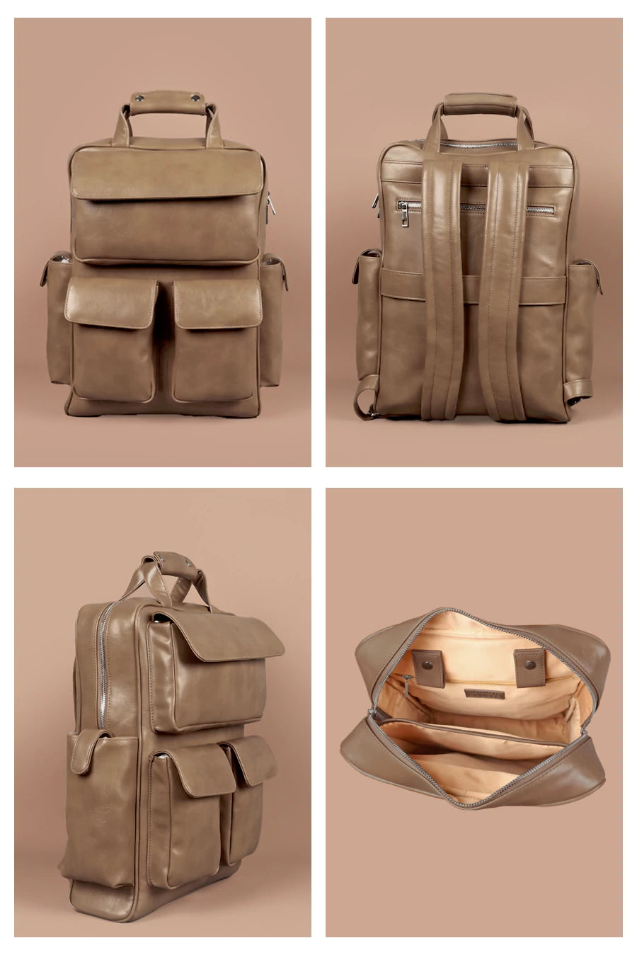 Vegan Leather Women Multipurpose Backpack Teak Detail