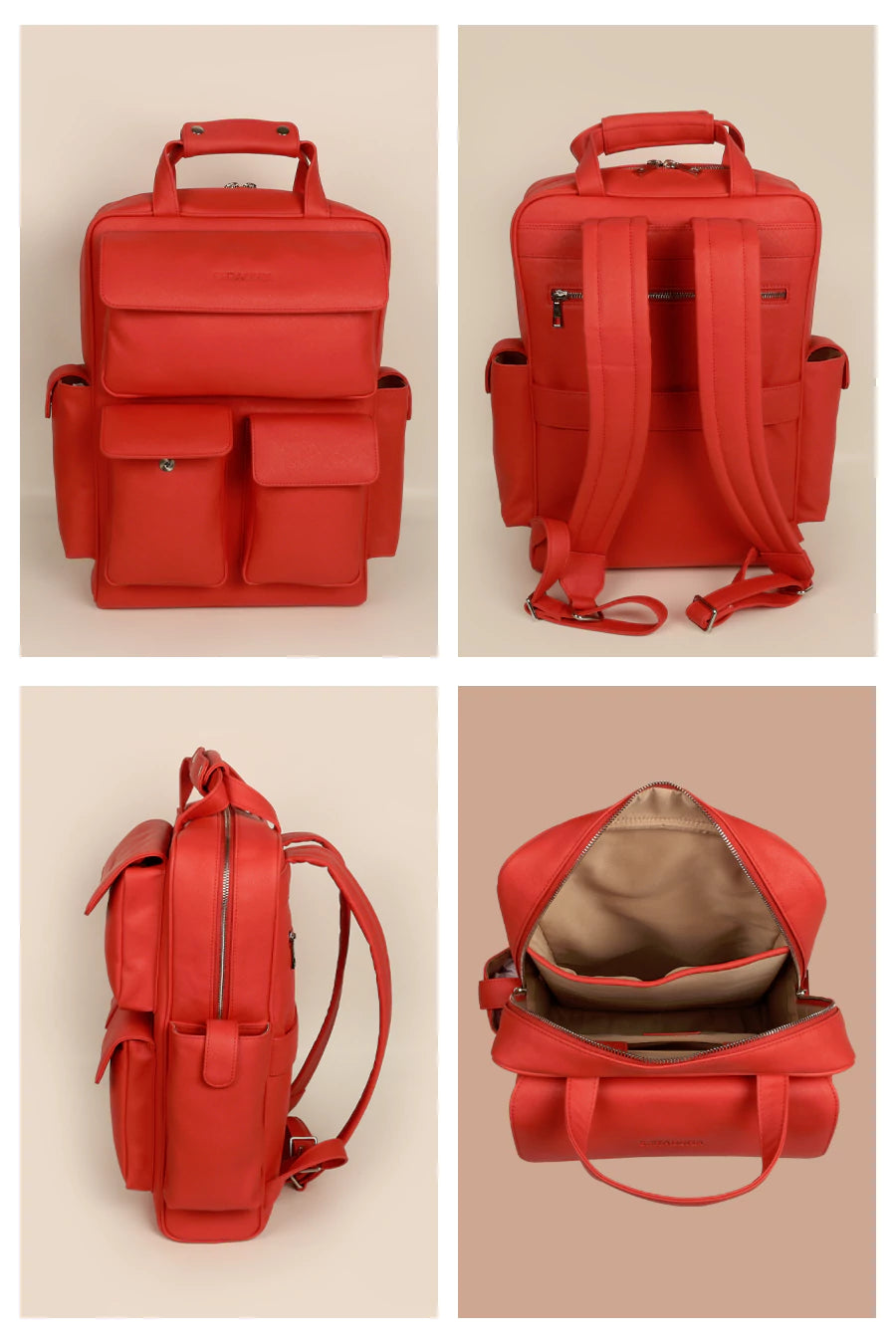 Vegan Leather Travel Backpack Organizer Scarlet Detail